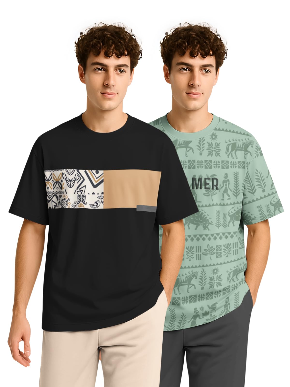 BULLMER Trendy Half Sleeve Oversized Cotton Blend Crew Neck Tshirt for Men - Pack of 2
