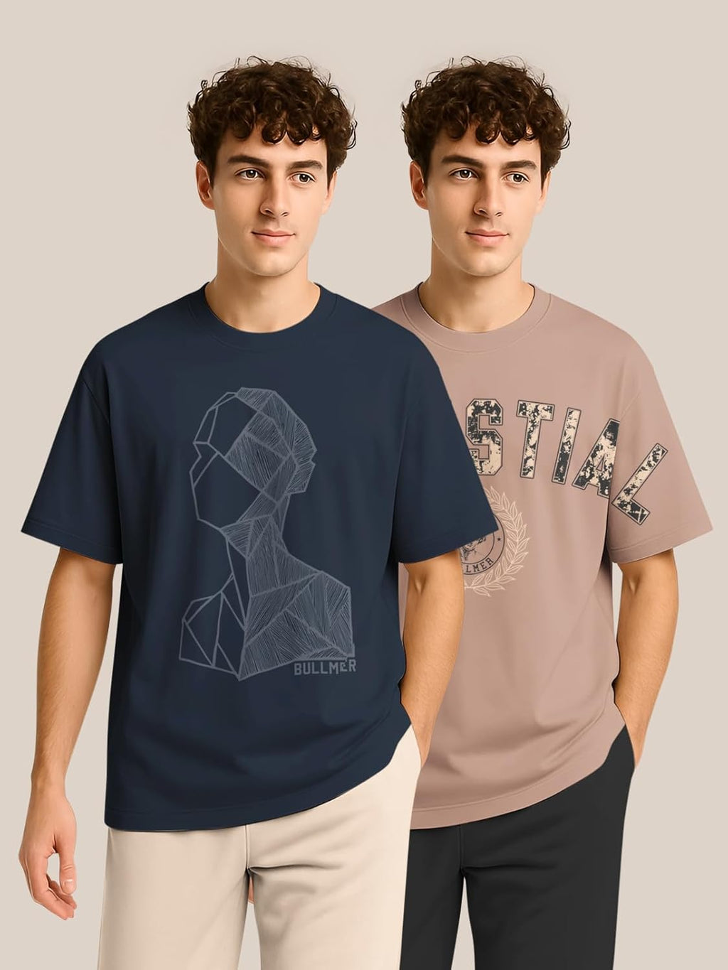 BULLMER Trendy Half Sleeve Oversized Cotton Blend Crew Neck Tshirt for Men - Pack of 2