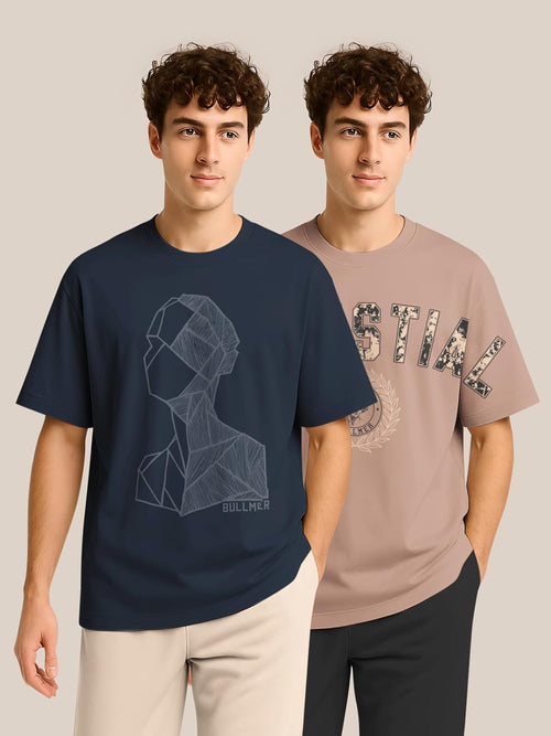 BULLMER Trendy Half Sleeve Oversized Cotton Blend Crew Neck Tshirt for Men - Pack of 2