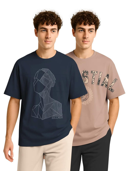 BULLMER Trendy Half Sleeve Oversized Cotton Blend Crew Neck Tshirt for Men - Pack of 2