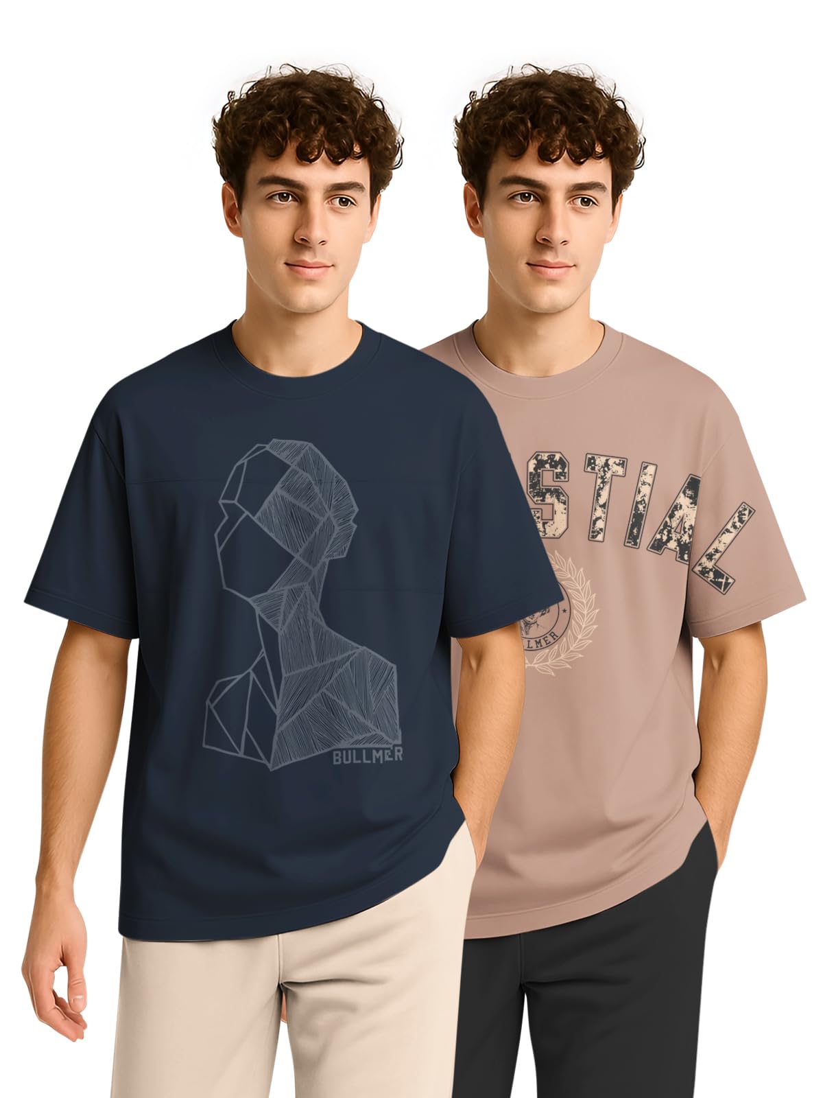 BULLMER Trendy Half Sleeve Oversized Cotton Blend Crew Neck Tshirt for Men - Pack of 2