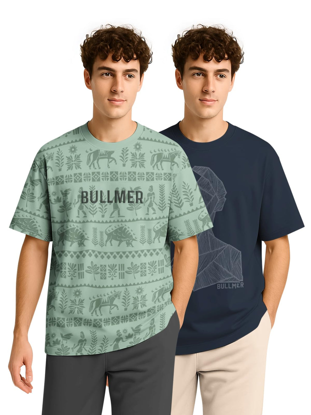 BULLMER Trendy Half Sleeve Oversized Cotton Blend Crew Neck Tshirt for Men - Pack of 2